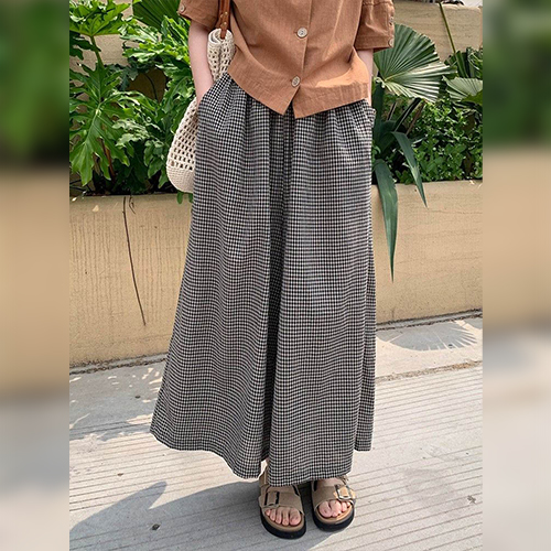 내추럴 체크 데일리 밴딩 와이드 팬츠