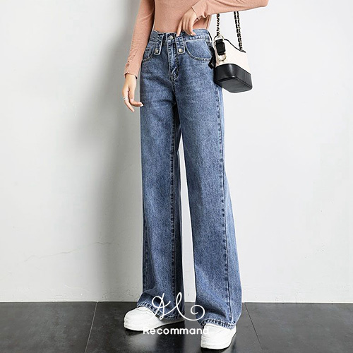 버튼 디테일 와이드핏 뒤 밴딩 데님 팬츠