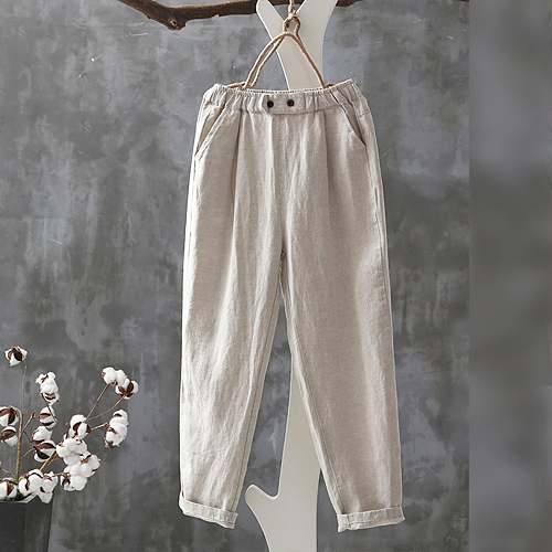 ◈[당일발송] 린넨 더블 버튼 장식 9부 밴딩 팬츠