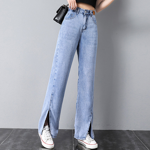 ◈[당일발송] 텐셀 뒷 밴딩 라이트 워싱 일자 슬릿 팬츠