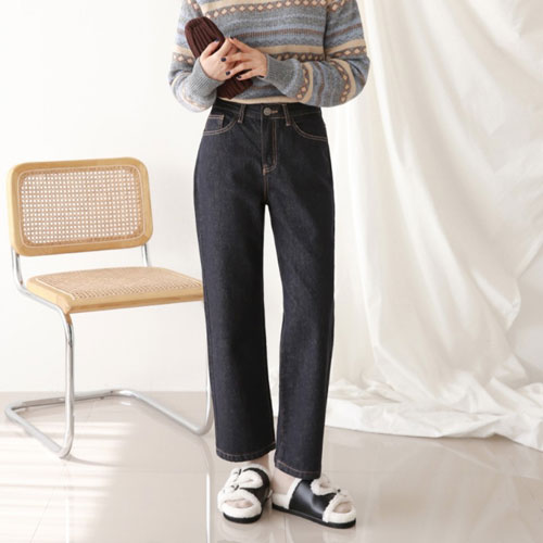 발열 나염 일자핏 웜포켓 데님팬츠