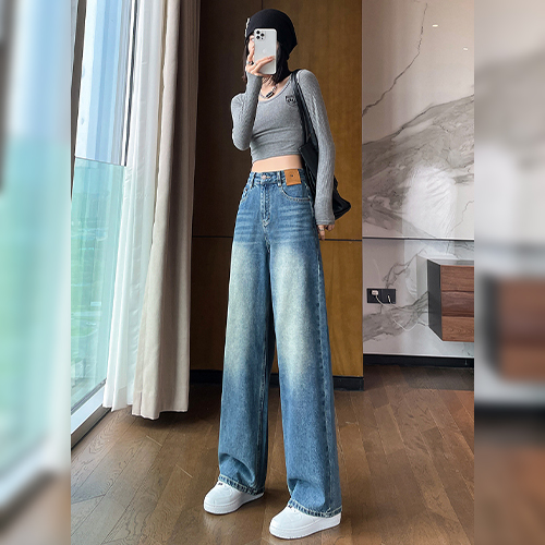 [당일발송]레더 라벨 롱 와이드 데님 팬츠