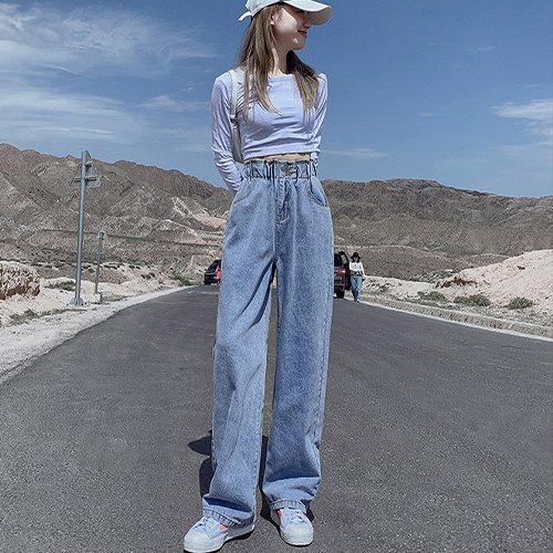 ◈[당일발송] 하이웨스트 밴딩 투버튼 데님팬츠