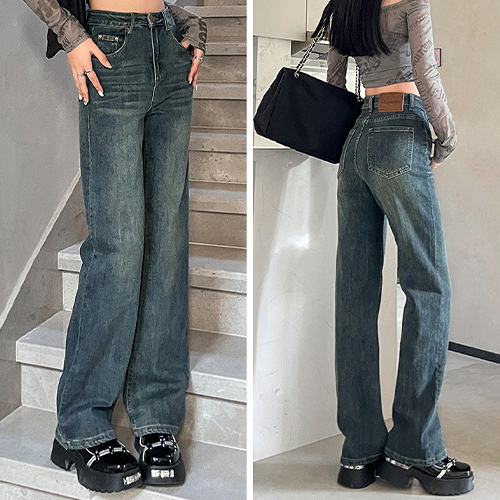 ◈[당일발송] 하이웨스트 레트로 워싱 데님팬츠