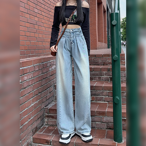 하이웨스트 핀턱 디테일 데님 팬츠