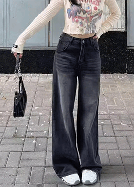 블랙 워싱 일자핏 세미와이드 데님