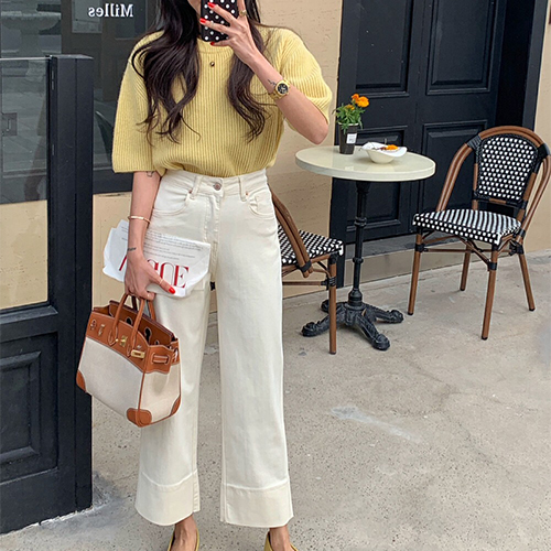 ◈[당일발송] 화이트 롤업 데님 팬츠