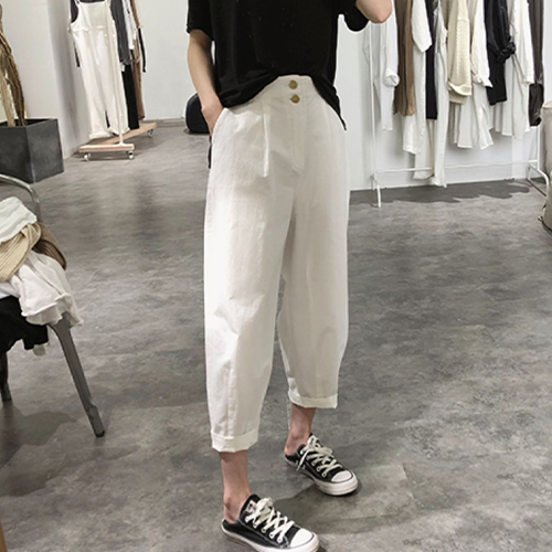 ◈[당일발송] 투버튼 뒷밴딩 심플 배기 팬츠