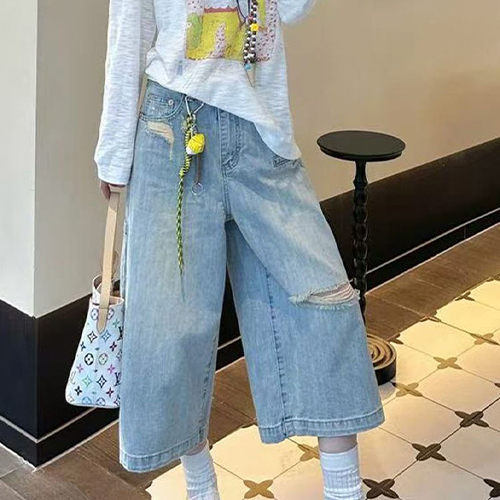 [당일발송]데미지 와이드 7부 데님 팬츠