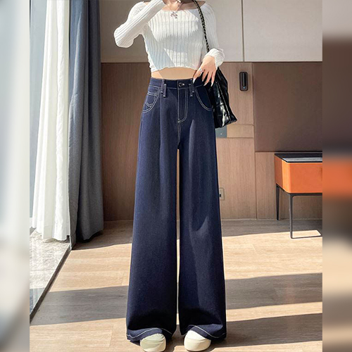 ◈[당일발송] 배색 스티치 롱 와이드 데님팬츠