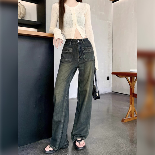 ◈[당일발송] 빈티지 워싱 앞포켓 세미와이드 데님 팬츠