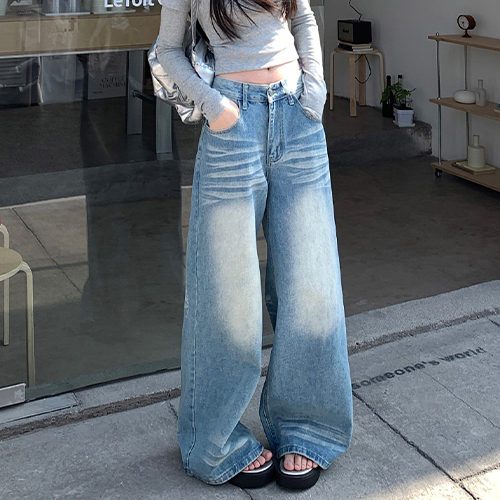 ◈[당일발송] 캣워싱 와이드 롱 데님팬츠