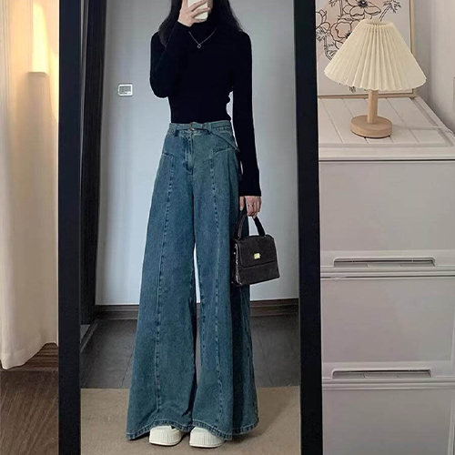 절개 핀턱 와이드 데님 팬츠