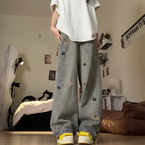 빈티지 워싱 강아지 자수 와이드 데님