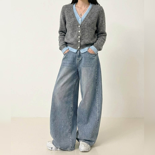 옆핀턱 빅와이드 데님 팬츠