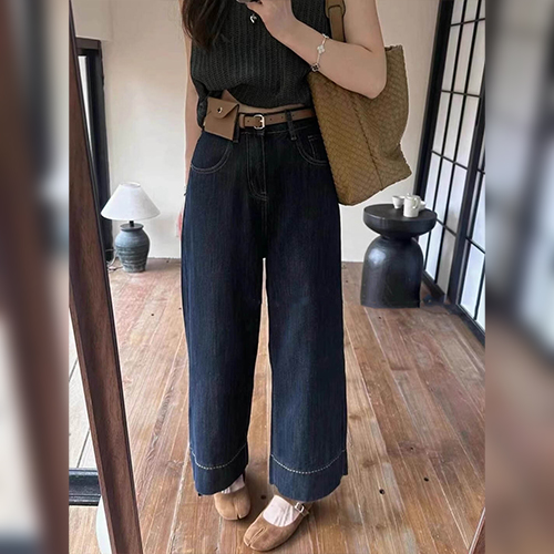 진청 스티치 와이드 데님 팬츠