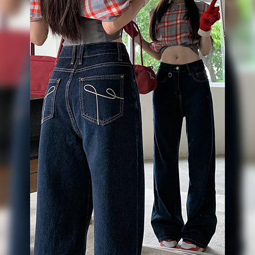 롱 스트레이트 진청 데님 팬츠