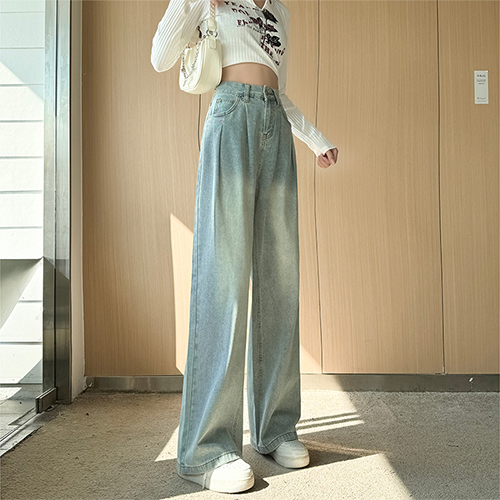 핀턱 워싱 롱 와이드 데님 팬츠