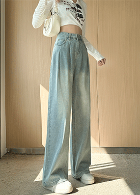 핀턱 워싱 롱 와이드 데님 팬츠
