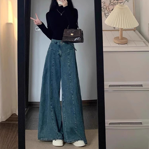 유니크 핀턱 절개 와이드 데님[벨트 미포함]