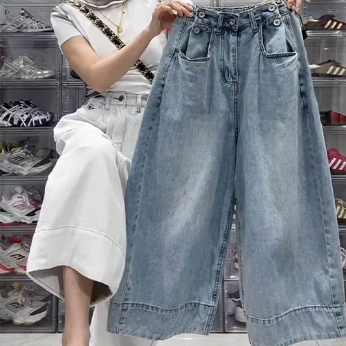 유니크 포켓 9부 와이드 데님