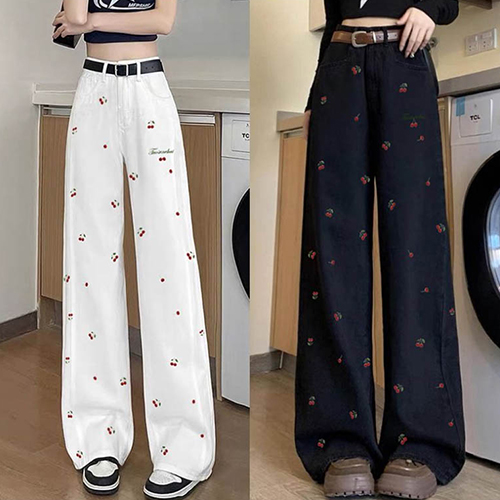 체리 자수 와이드 코튼 팬츠