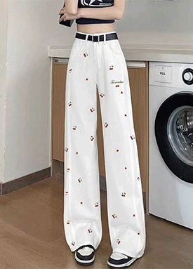 체리 자수 와이드 코튼 팬츠