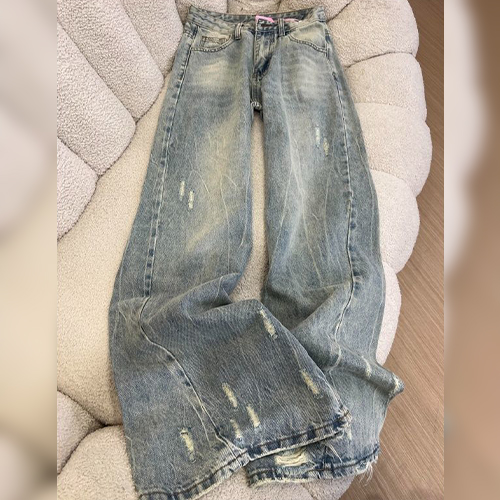 스크래치 워싱 와이드 데님 팬츠