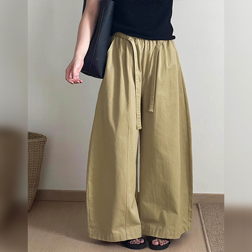 내추럴 리본끈 코튼 와이드 팬츠