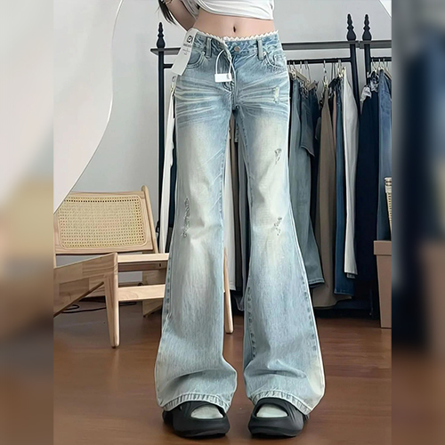 레이스 디테일 워싱 부츠컷 데님