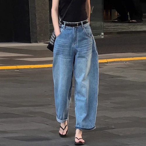 통 와이드 워싱 9부 데님 팬츠