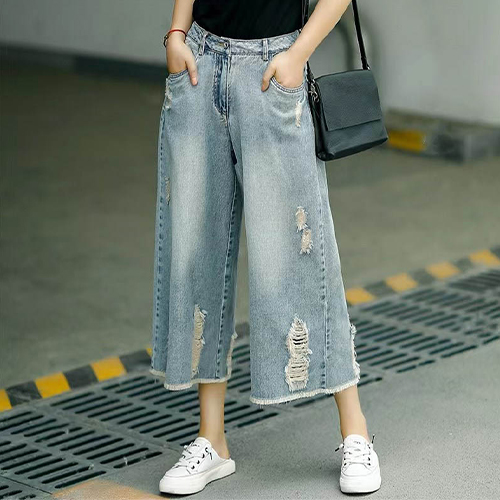 디스트로이 워싱 9부 와이드 데님