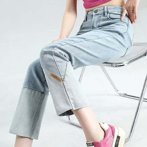 유니크 배색 컷팅 슬림핏 연청 데님