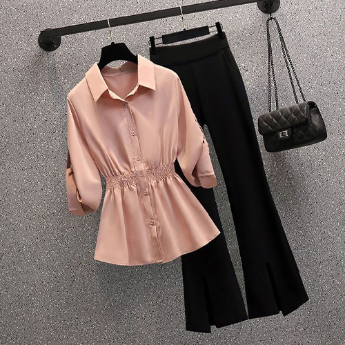 ◈[당일발송] 허리밴딩 블라우스 부츠컷 팬츠 세트