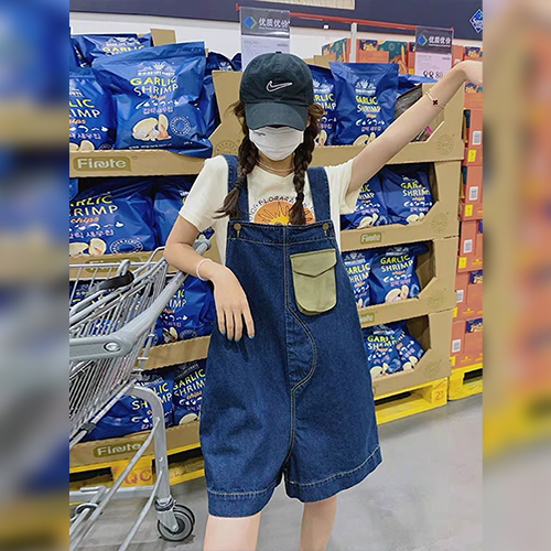 ◈[당일발송] 배색 포켓 스티치 데님 오버롤 팬츠