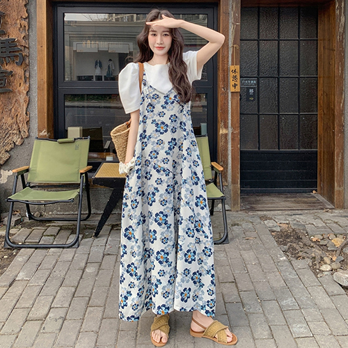 [당일발송]★수요특가 자정마감 50%★블루 플라워 와이드 오버롤 팬츠