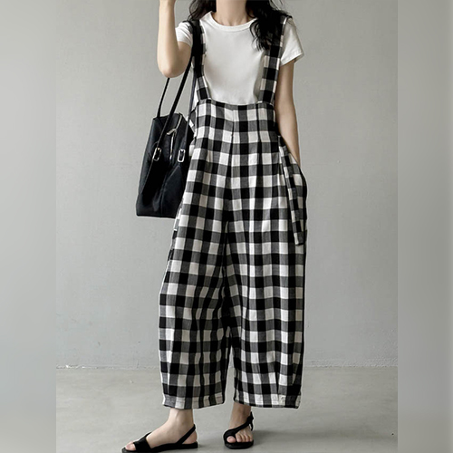 ◈[당일발송] 보이핏 체크 멜빵 점프수트