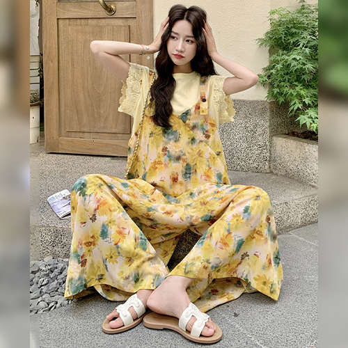 옐로우 플로럴 와이드 오버롤 팬츠
