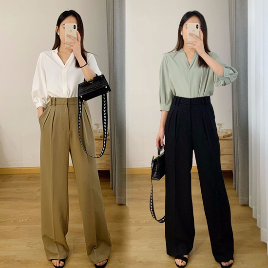 [당일발송] 더블 핀턱 라인 울혼방 와이드핏 팬츠