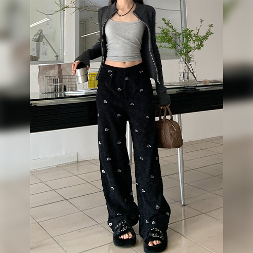 ◈[당일발송] 자수 토끼 블랙 밴딩 팬츠