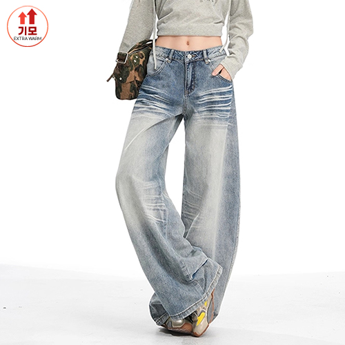 빈티지 뒷핀턱 기모 와이드 워싱 데님