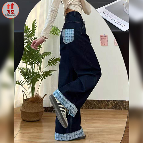 ◈[당일발송] 체크 리본 기모 와이드 데님 팬츠