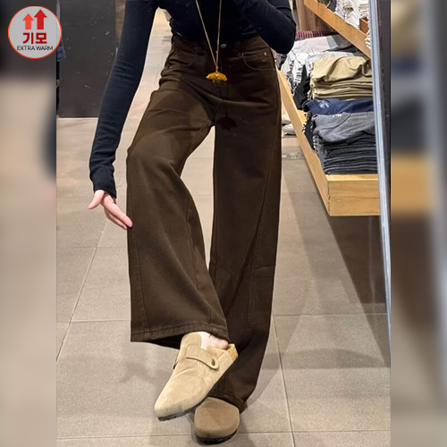 딥브라운 기모 롱와이드 코튼팬츠