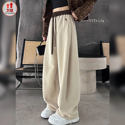 편안한 배색 밴딩 기모 와이드 팬츠