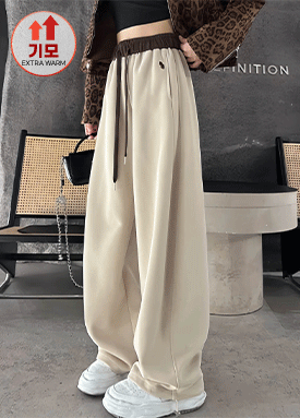 편안한 배색 밴딩 기모 와이드 팬츠