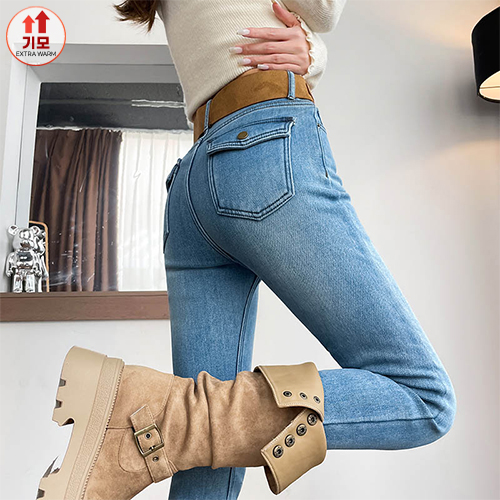 ◈[당일발송] 캣워싱 기모 스키니 데님