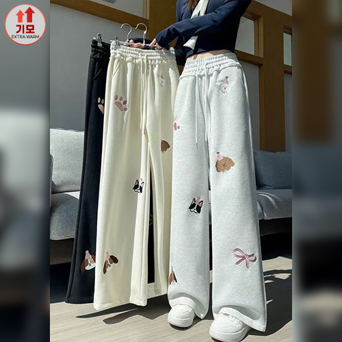 ◈[당일발송] 꾸안꾸 자수 기모 밴딩 와이드 팬츠