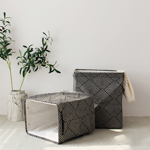 패턴 린넨 스퀘어 핸들 바구니