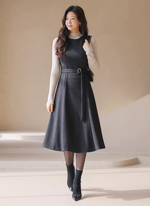 [루이스엔젤] 세리아 버클 벨티드 A라인 플레어 스트라이프 뷔스티에 원피스