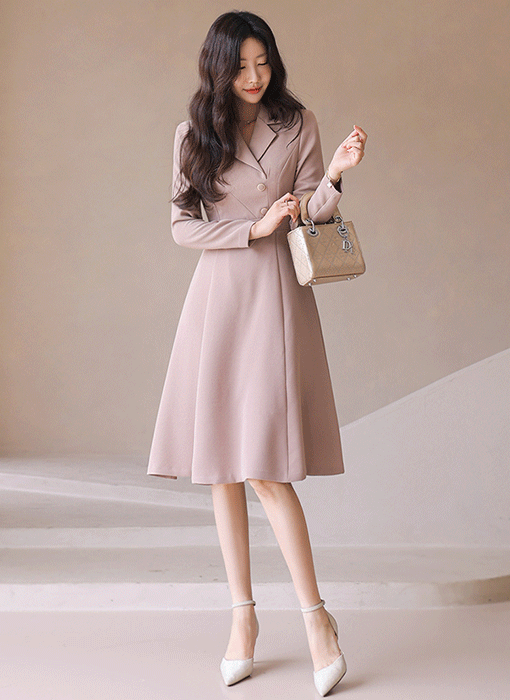 로세나 랩 디자인 테일러드 카라 A라인 플레어 원피스